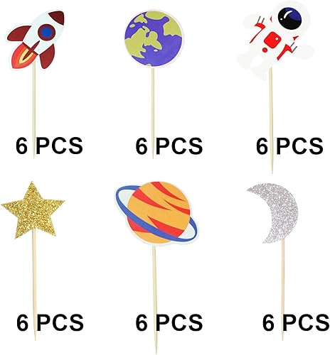Miniatura 3 de Ercadio 1 paquete de decoración para tartas de niña espacial, luna, estrella, cohete, planeta, decoración de pasteles, espacio de feliz cumpleaños,