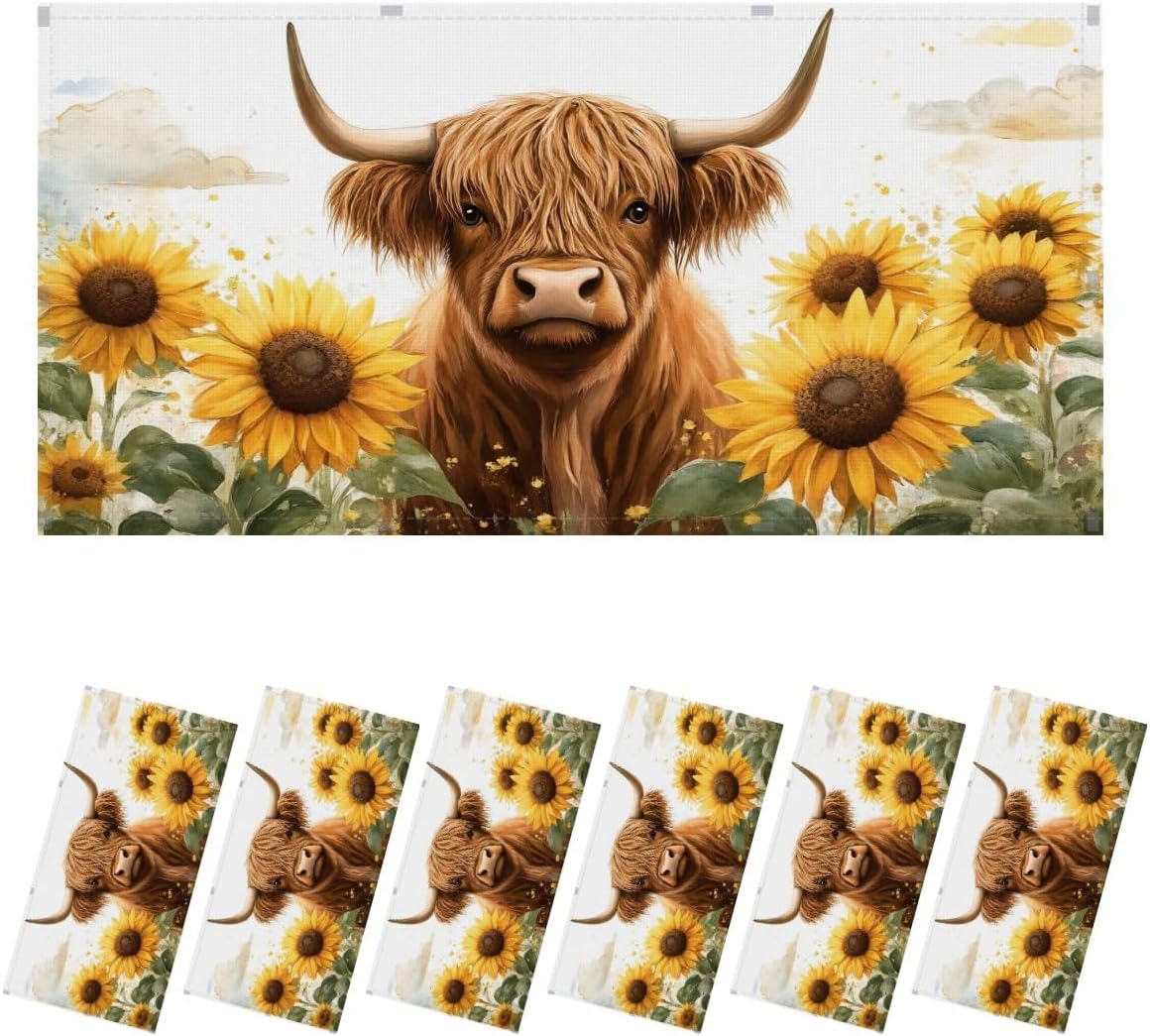 4 Pcs Fluorescent Light Covers for Ceiling Lights Highland Cow Soft Fur Curly Hair Large Eyes Short Horns Cartoonish Decorative Magnets Light Filters for Office Home Classroom Must Haves 4’ x 2’
