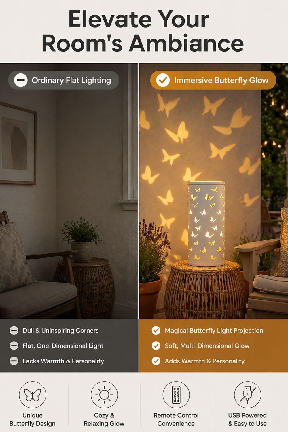 Flannel Bohemian Atmosphere Light & Night Light with Remote - Forest, Butterfly, Dragonfly, Sunflower，Flower，Floral Projection Floor Lamps for Bedroom Decor, Mood Lighting, Gifts (White Butterfly)