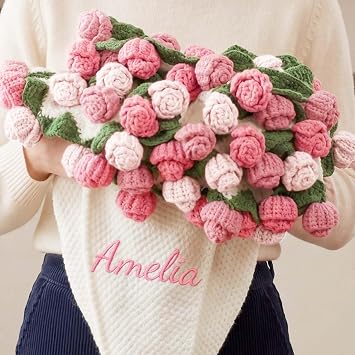 Personalized Handmade Rose Blanket Bouquet, Custom Name Bloomie Blankets, Personalized Crochet Flower Bouquet Blanket,Custom Gifts for Women Mothers Day Graduation Wedding Birthday Pink-1