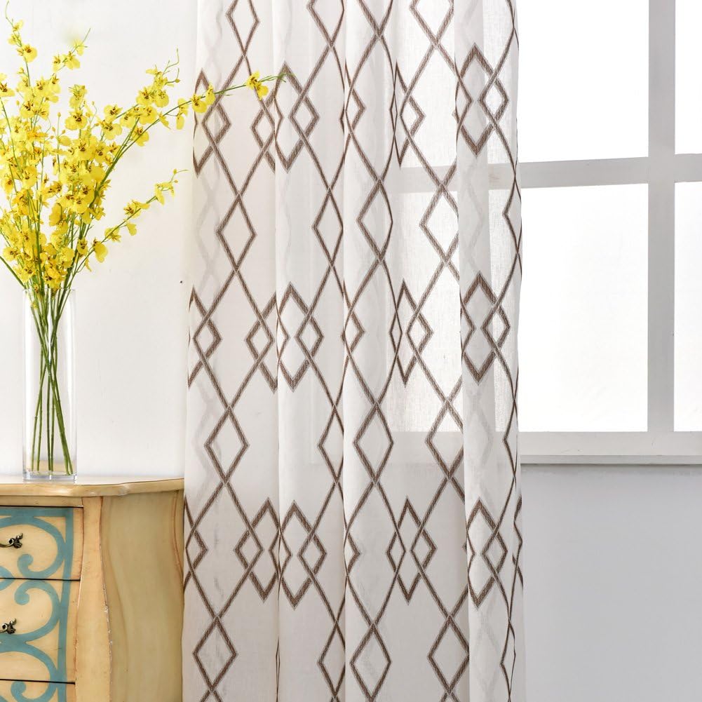 NAPEARL Voile Curtains, Pencil Pleat Voile Curtains with Geometric Patterns 63 Inches Long, Sheer Privacy Curtains for Living Room, Bedroom, Set of 2 Panels (Each 52 x 84 in, Brown)