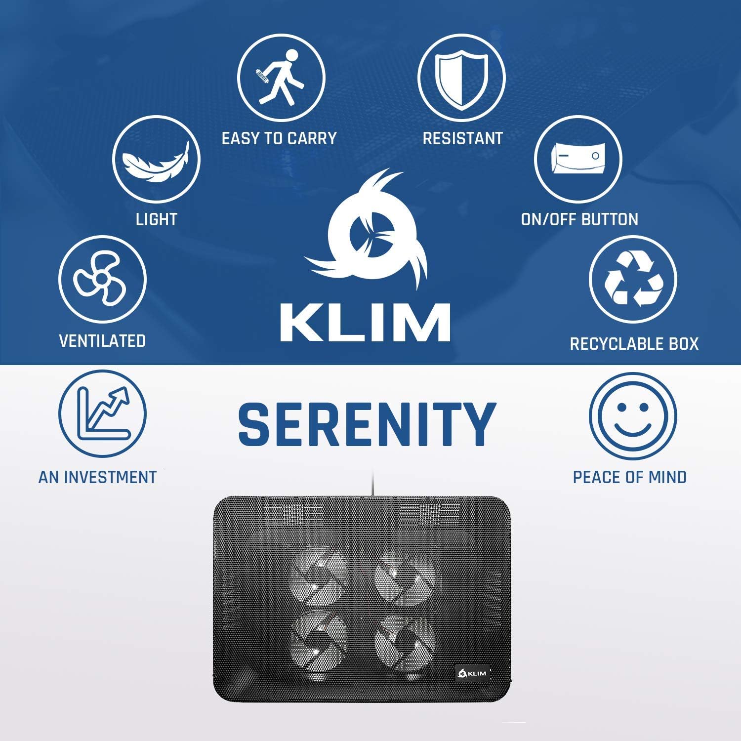 KLIM Serenity + Laptop Cooling Pad for Laptop + New Version + 11 to 15.6 inches + Perfect for Small and Medium Laptops + Stable and Sturdy Metal Grid + Silent Laptop Cooling Stand + Black