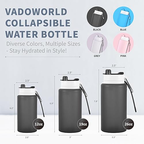 Miniatura 2 de vadoworld Botellas de agua plegables con boquilla y mosquetón, silicona sin olor sin BPA, botella plegable reutilizable a prueba de fugas, perfecta