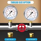 Manometro 0–10 bar/psi, quadrante da 63 mm, attacco inferiore in ottone G1/4" BSP, a riempimento liquido (glicerina), classe di precisione 1.6, incl. 2 riduttori da 3/8" e 1/2". - 4
