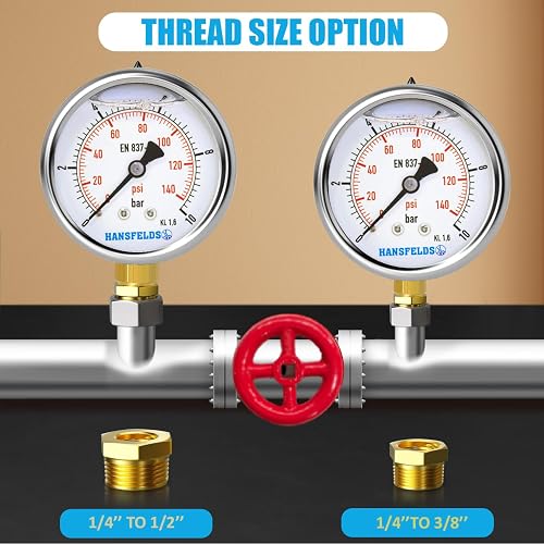 Manometro 0–10 bar/psi, quadrante da 63 mm, attacco inferiore in ottone G1/4" BSP, a riempimento liquido (glicerina), classe di precisione 1.6, incl. 2 riduttori da 3/8" e 1/2". - 4