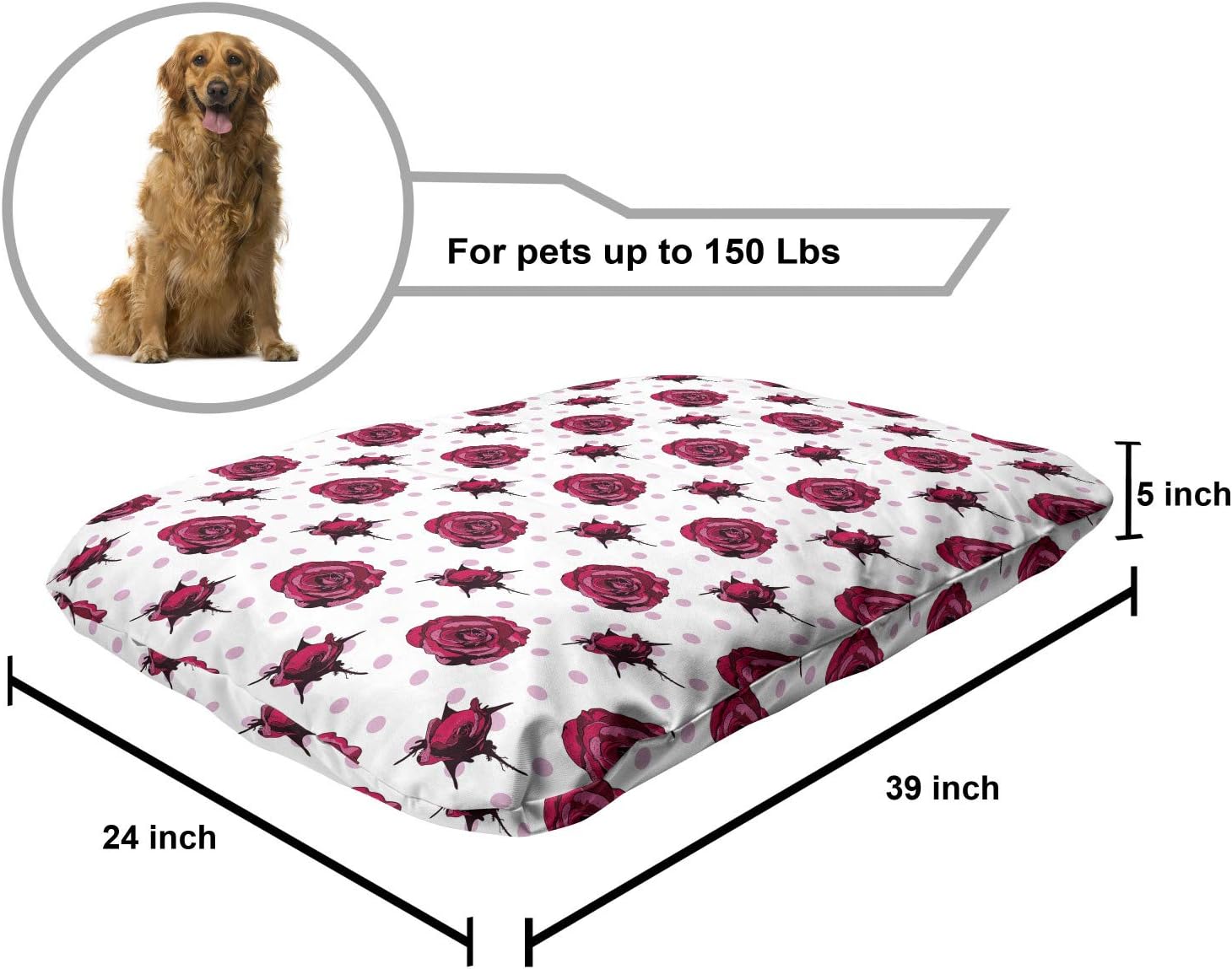 review Ambesonne Vintage Rose Pet Bed, Continuous Feminine Flowers on Polka Dots Background, Chew Resistant Pad for Dogs and Cats Cushion with Removable Cover, 24