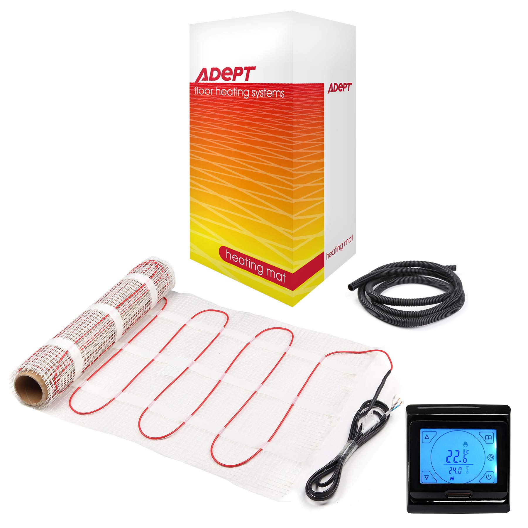 Adept Black Touchscreen Electric Underfloor Heating Mat Kit For Tiled/Stone Floors 160W/M2-2.5M2 With Programmable Thermostat