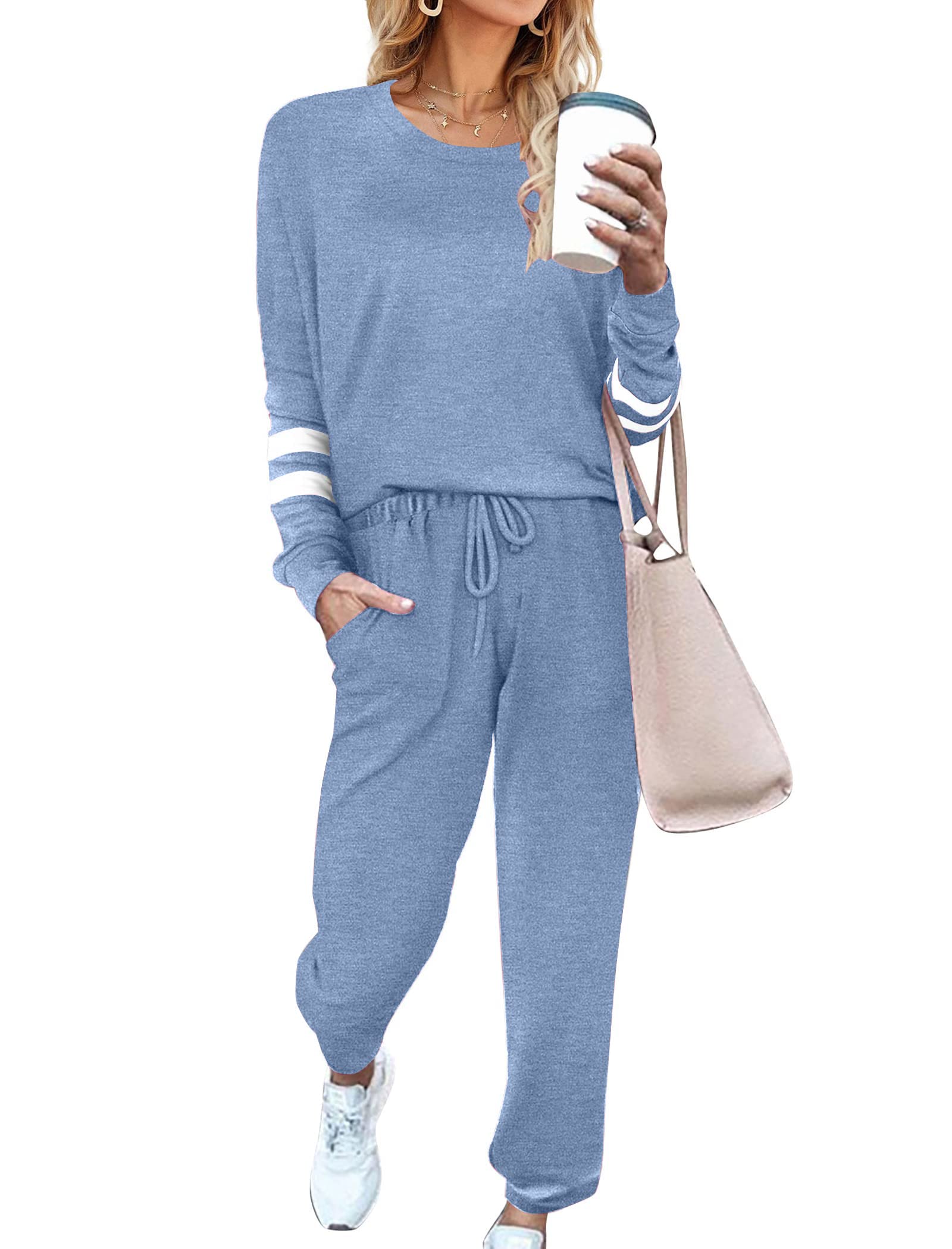 Ekouaer Sweatsuits Womens Loungewear Set Tracksuit Long Sleeve Pajamas Set | Soft &amp; Breathable, 2 Piece Outfits Lounge Sets with Pockets, Contrast Color, Casual Loose Style Pjs Jogging Set