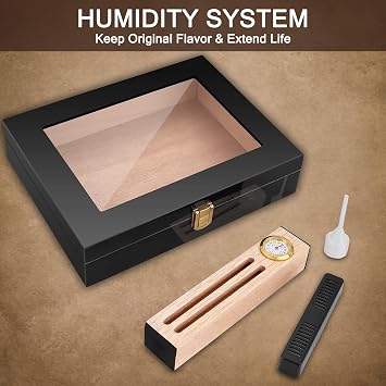 Bald Eagle High Gloss Cigar Humidor Cigar Box for 10-15 Cigars, Real Solid Spanish Cedar Wood, Luxury Hygrometer and Humidifier, Desktop Humidors Gloss Black