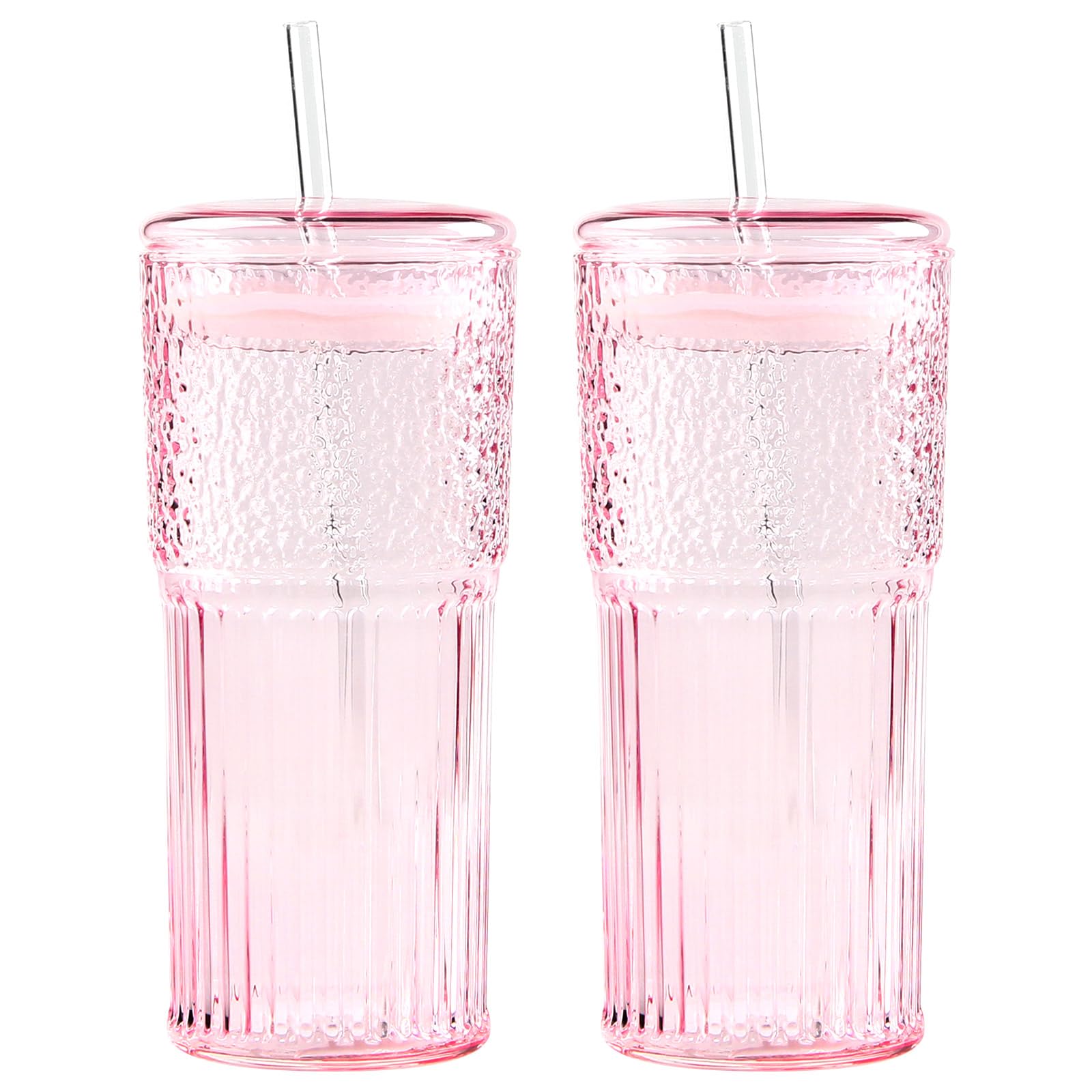 GOSCHE Vasos de vidrio con popotes y tapas, 2 unidades, tarro de vidrio de 20 onzas, tazas de café helado, cristalería ondulada vintage, tazas de batido para agua, café, té, rosa