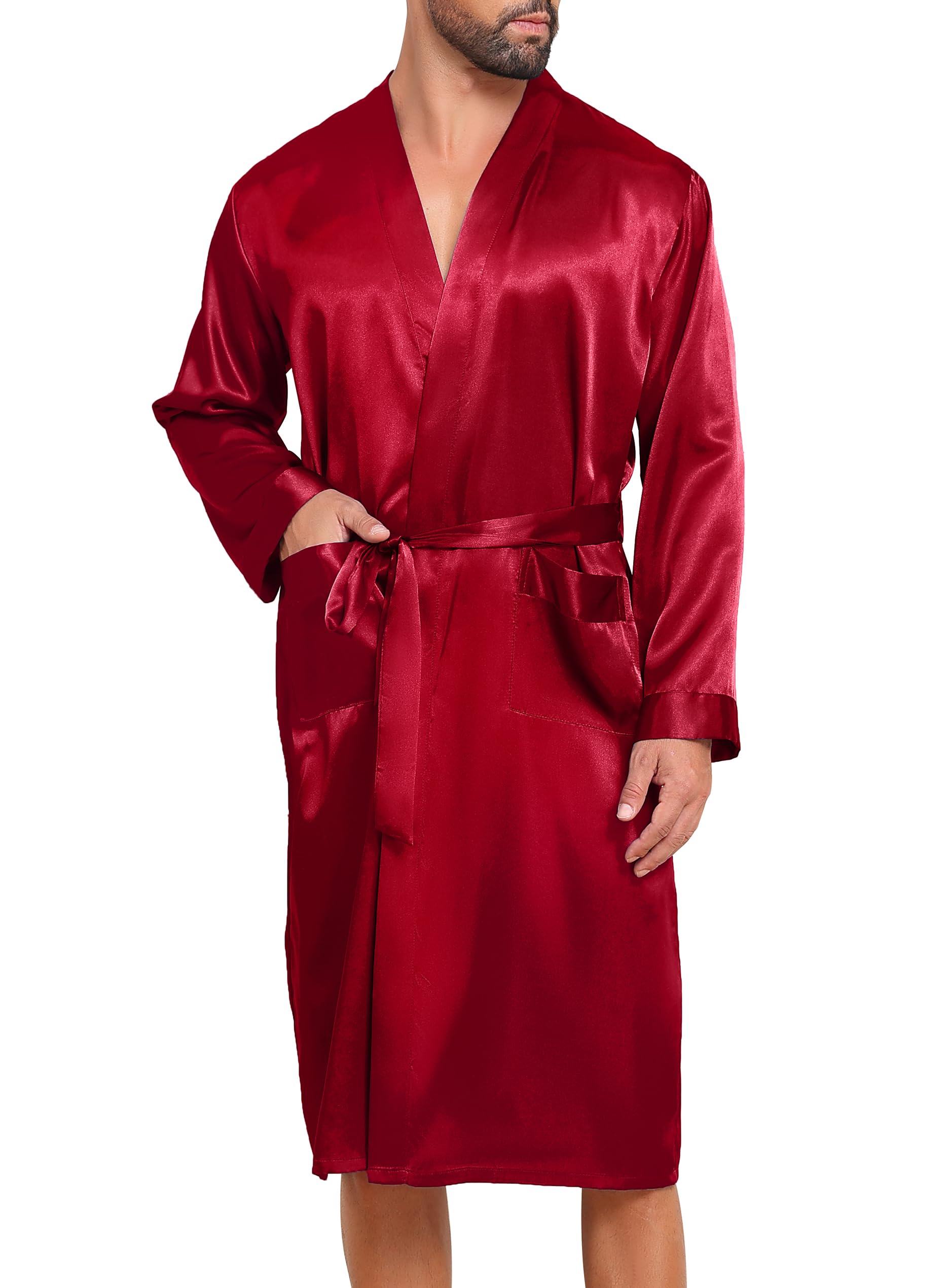 Lovasy Satin Bademantel Herren Lang Kimono Bademäntel für Herren Leicht Morgenmantel Zwei Seitentaschen mit Gürtel