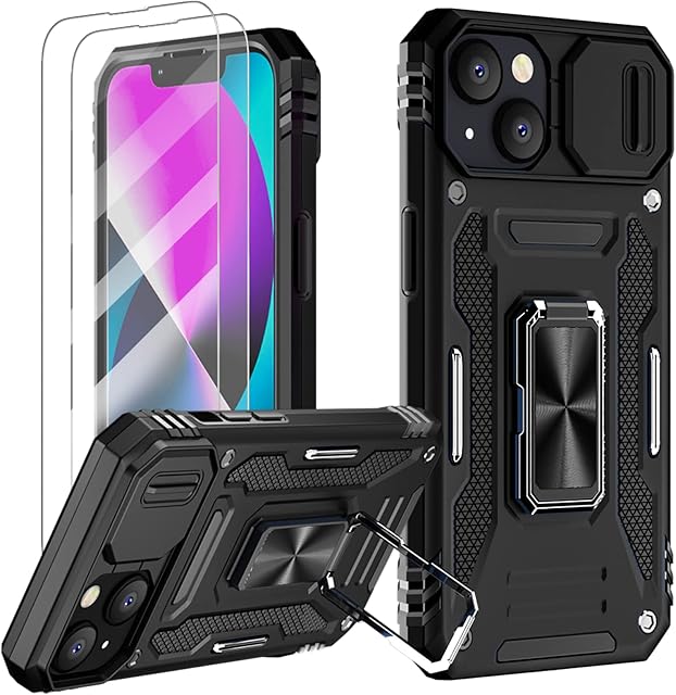 Giolus for iPhone 13 6.1" Case with 2 Pack Screen Protector Slide Camera Cover, 360°Ring Holder Military Grade Protective Silicone Shockproof Tough Hard Armour Phone Cover for iPhone 13, Black