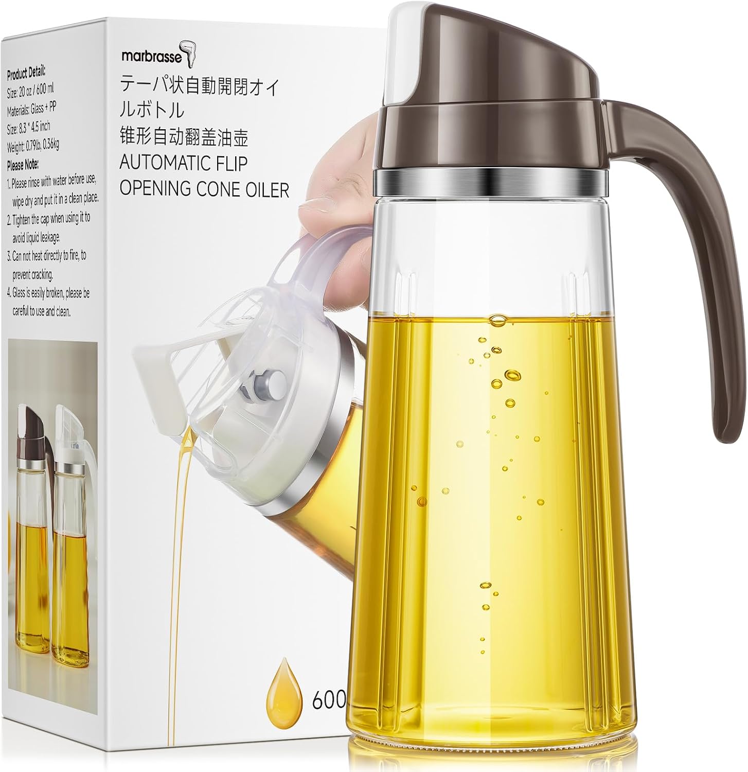 Marbrasse Auto Flip Olive Oil Dispenser Bottle,20 OZ Leakproof Condiment Container With Automatic Cap and Stopper,Non-Drip Spout,Non-Slip Handle for Kitchen Cooking Brown