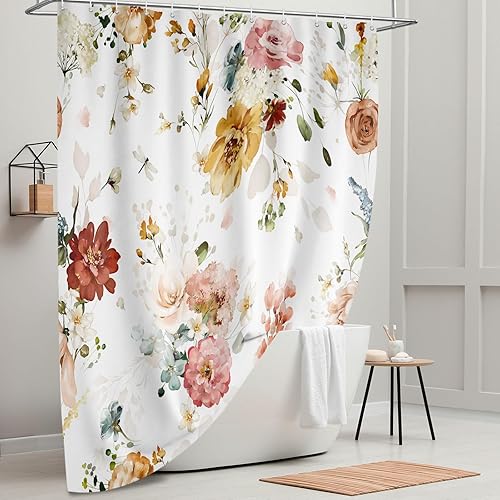 Vista 83 de Tititex Cortina de ducha de lino sintético de 4.94 oz/m², diseño floral azul con hojas doradas con flores, decoración de baño, juego de cortinas