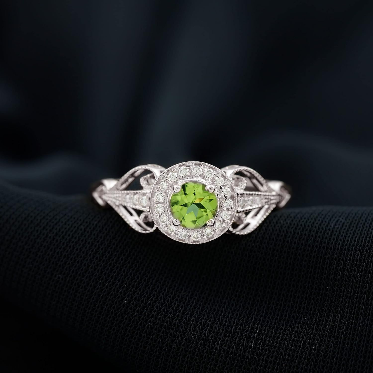 Genuine 0.5 Carat Peridot Vintage Engagement Ring, Aaa Quality, Certified Peridot Diamond Halo Ring - Mothers Day Gift