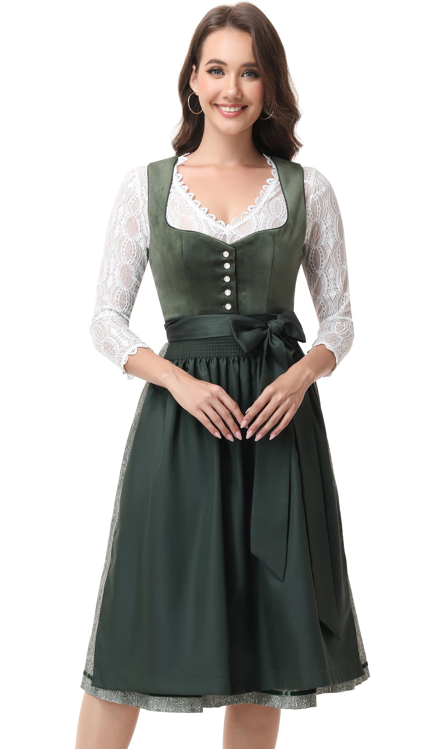 ELFIN Damen Midi Dirndl Samt Trachten Dirndlkleid Elegante Trachtenkleid für Oktoberfest inkl. Dirndlschürze Gr. 34-46
