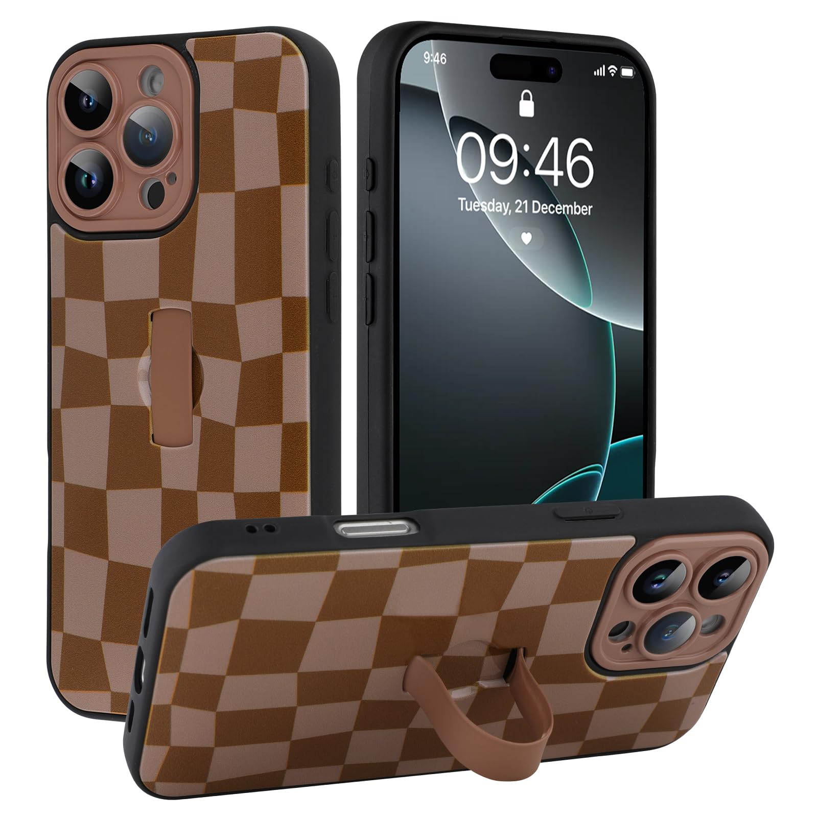 SOKAD for iPhone 16 Pro Max Case with Finger Strap Kickstand, Cute Checkered Checkerboard Phone Case with Finger Hand for Women Men, Slim Full Camera
