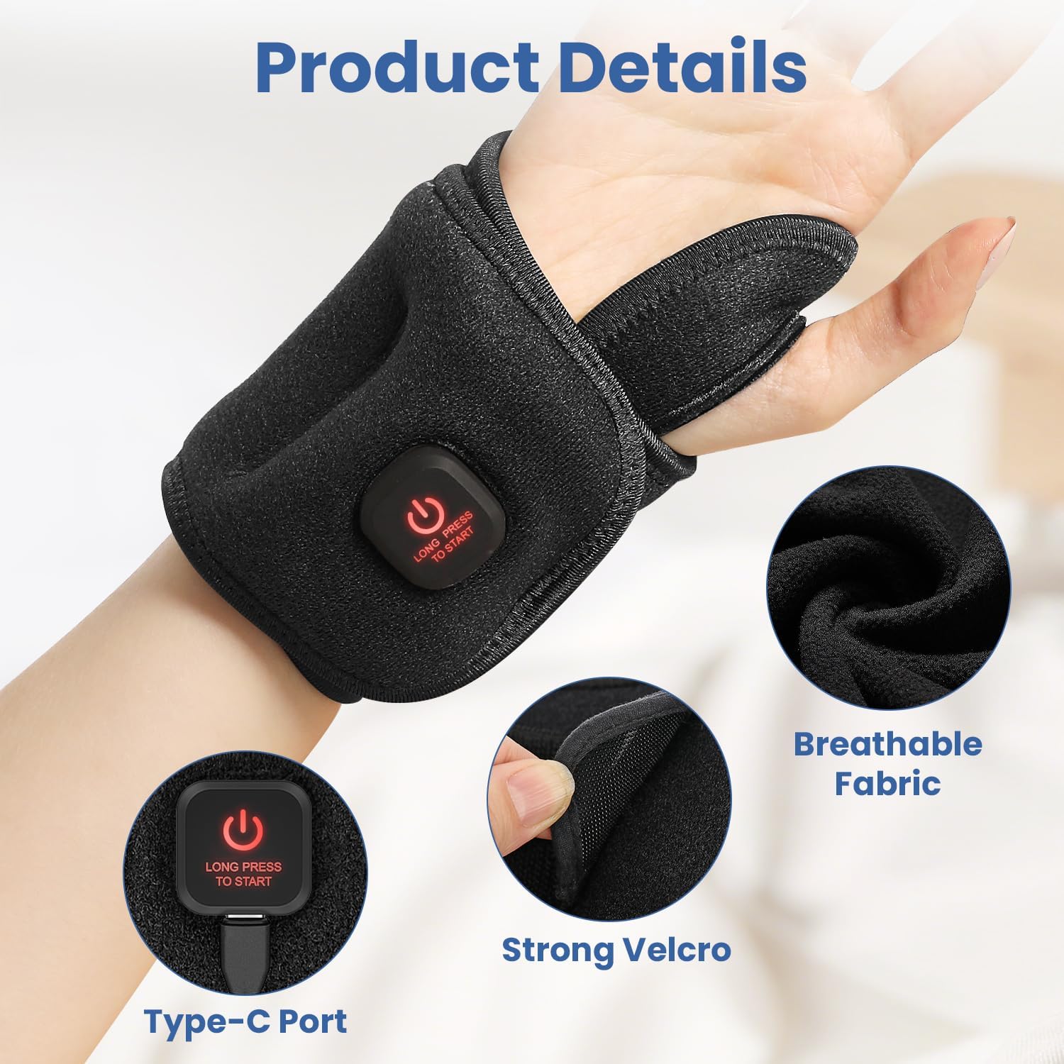 Wrist Heating Pad, Heated Wrist Wrap for Arthritis Carpal Tunnel Tenosynovitis Relief, 3 Temperature Levels with 3000 mAh Rechargeable Battery (Black) - Image 6