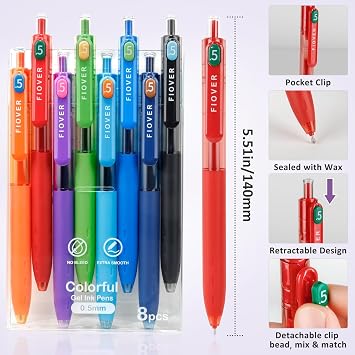 FIOVER Colored Gel Pens, 0.5mm Quick Dry Ink Fine Point Smooth Writing Colorful Pens for Journaling, School Supplies, Gifts for Nurses and Teens, Stocking Stuffers for Women (8PCS)