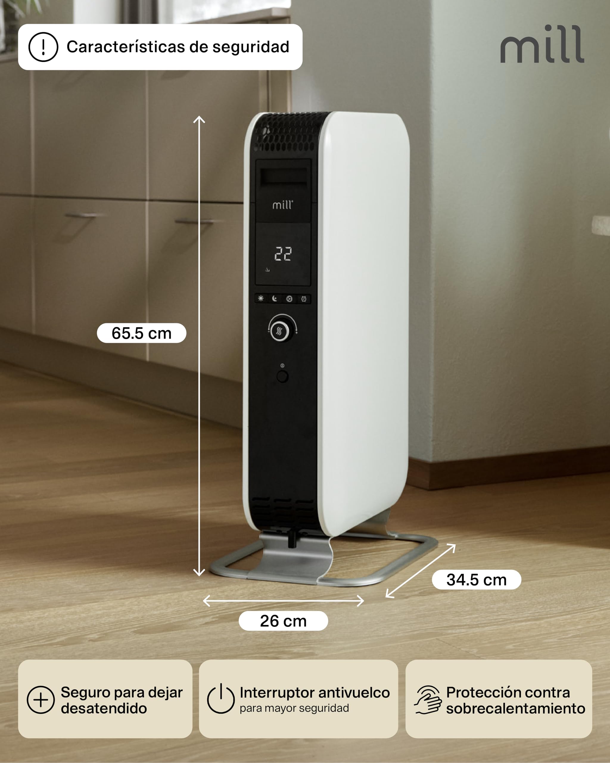 Mill Radiador de Aceite 1500 W, Radiador Eléctrico hasta 22 m², Calefactor Bajo Consumo Silencioso y Seguro, Programa Día y Noche, Radiador de Pie de Diseño Elegante, Diseñado en Noruega