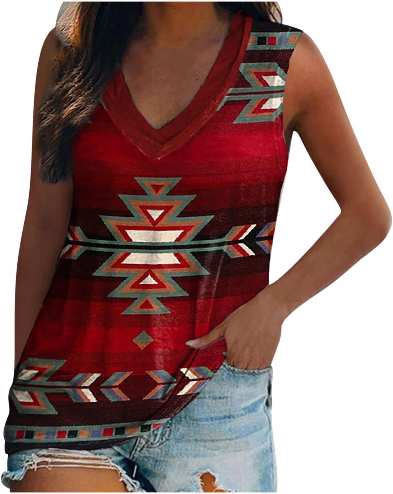 ZainafacaiSleeveless T-Shirt for Women, Women's Summer V-Neck Tank Top Blouse Loose Casual Ethnic Retro Tunic Tees