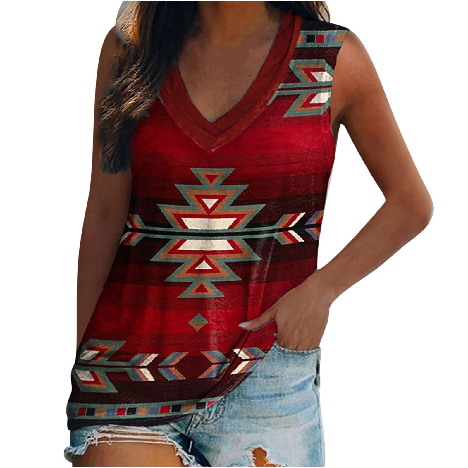 ZainafacaiSleeveless T-Shirt for Women, Women's Summer V-Neck Tank Top Blouse Loose Casual Ethnic Retro Tunic Tees