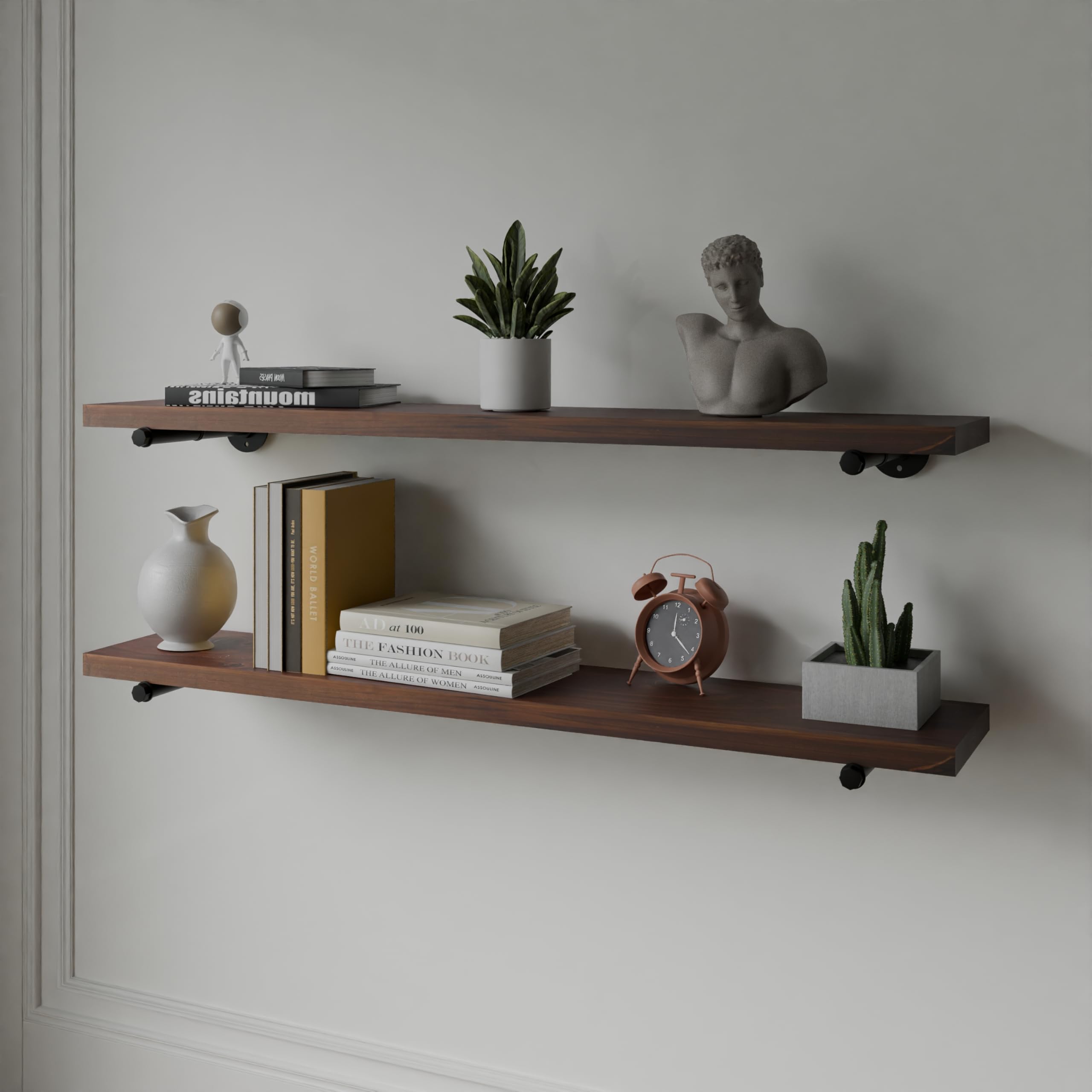 HDDFER Estantes industriales de madera de pared de tubo, estantes de madera real de 48 pulgadas en color nogal con grosor extra de 1.2 pulgadas, patas flotantes modernas