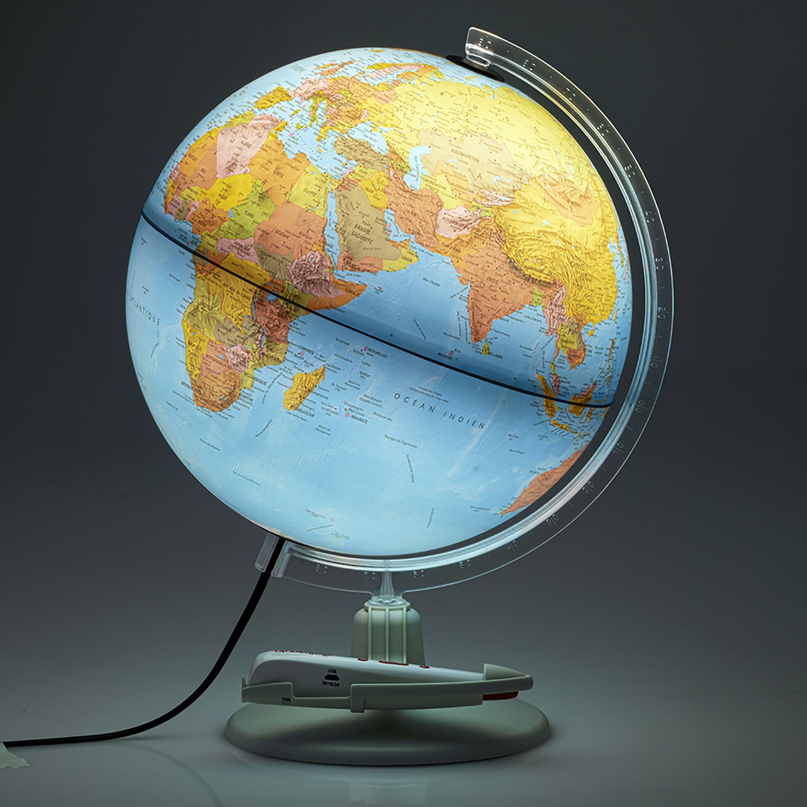 Tecnodidattica – Parlamondo | Globe terrestre interactif pour petits et grands | Lumineux et pivotant | Stylo audio-musical | 6 langues disponibles | Cartographie politique | Diamètre 30 cm