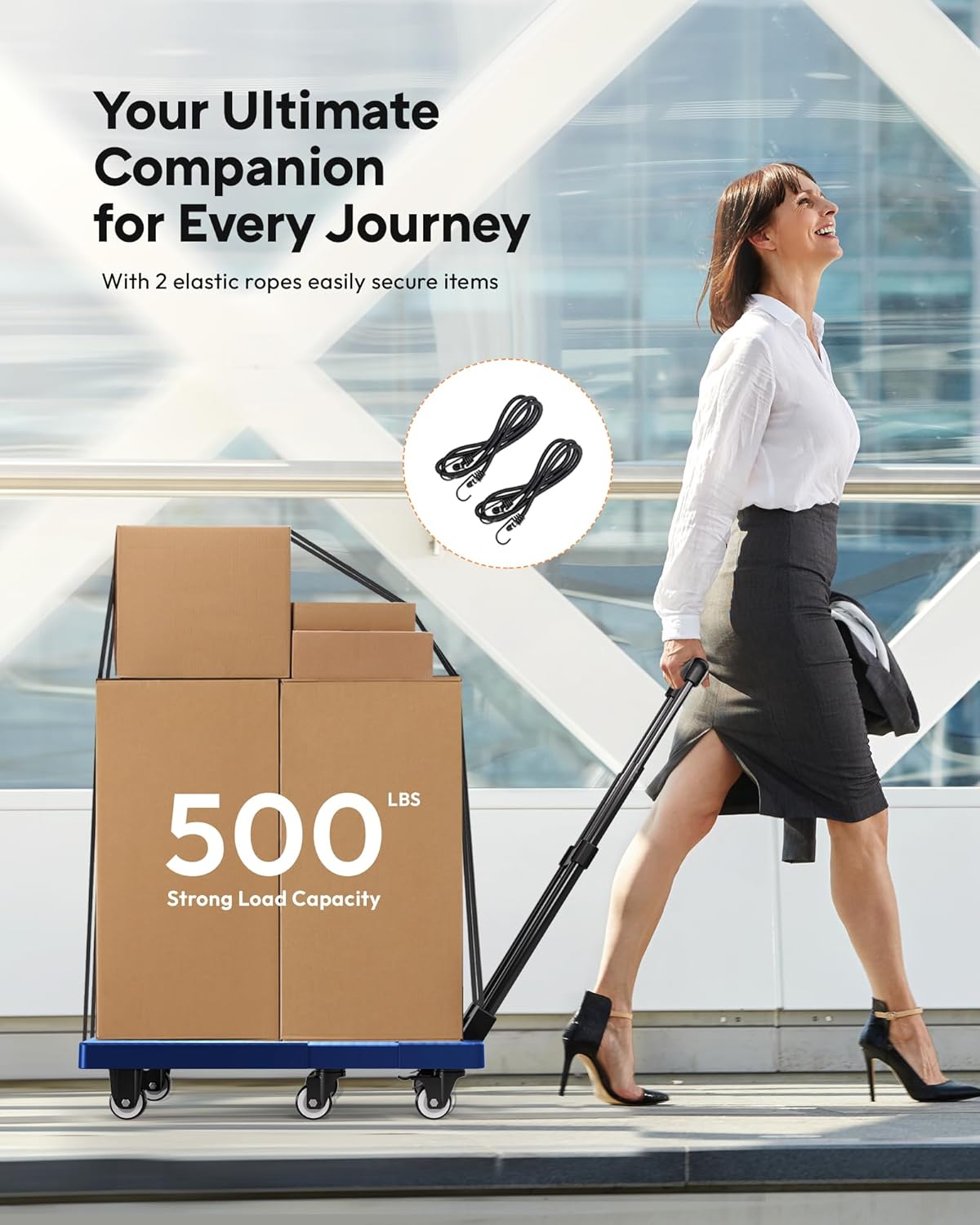 Folding Hand Truck 500lbs, Portable Heavy Duty Dolly Cart, 6 Wheels Collapsible Luggage Cart with 2 Elastic Ropes - Compact Trolley Cart for Easy Moving - Ideal Hand Cart for Travel and More