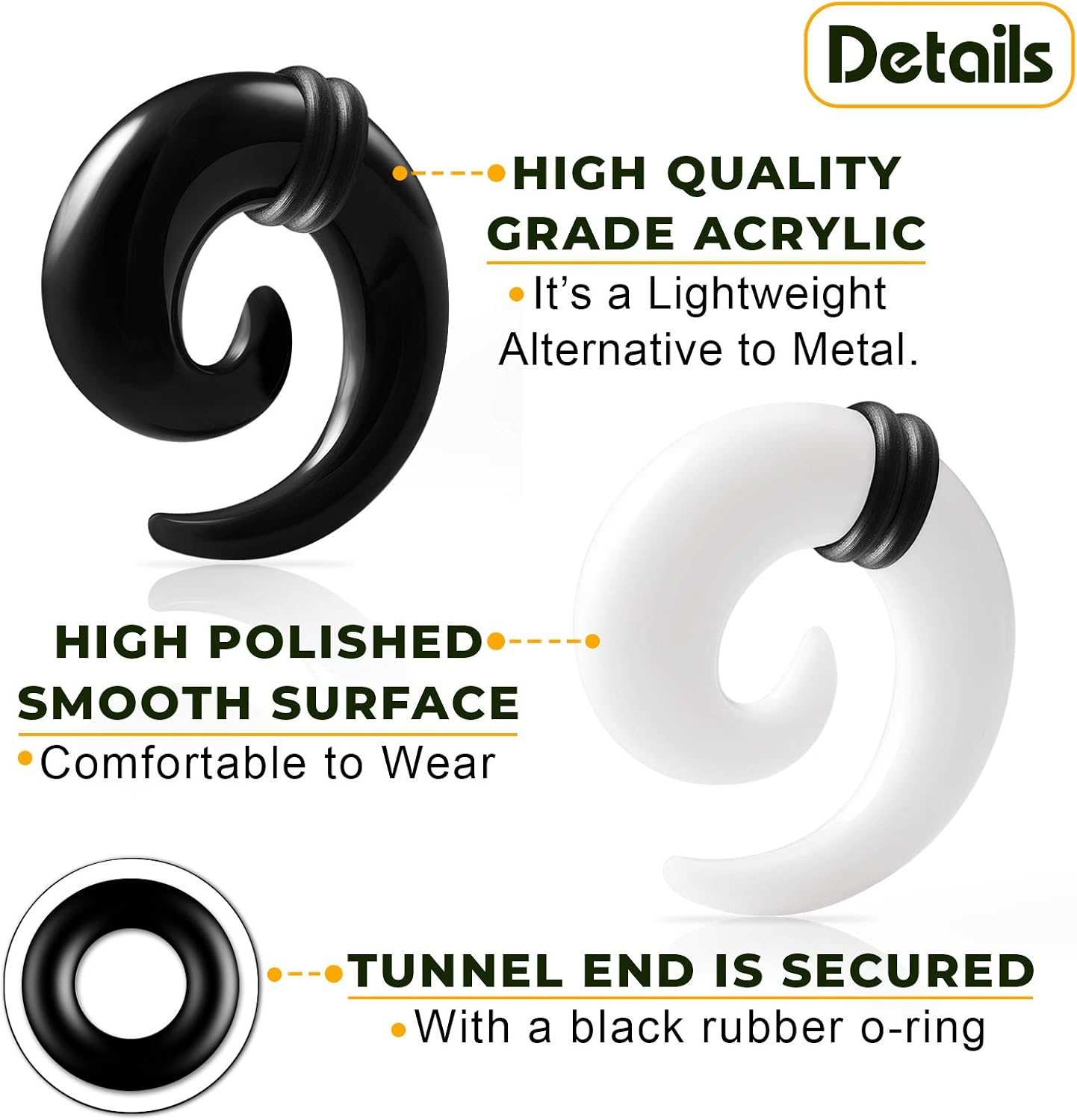 2 Pairs Acrylic Black White Taper Spiral Coil Piercing Jewelry Ear Plugs Lobe Stretching Expander Earring