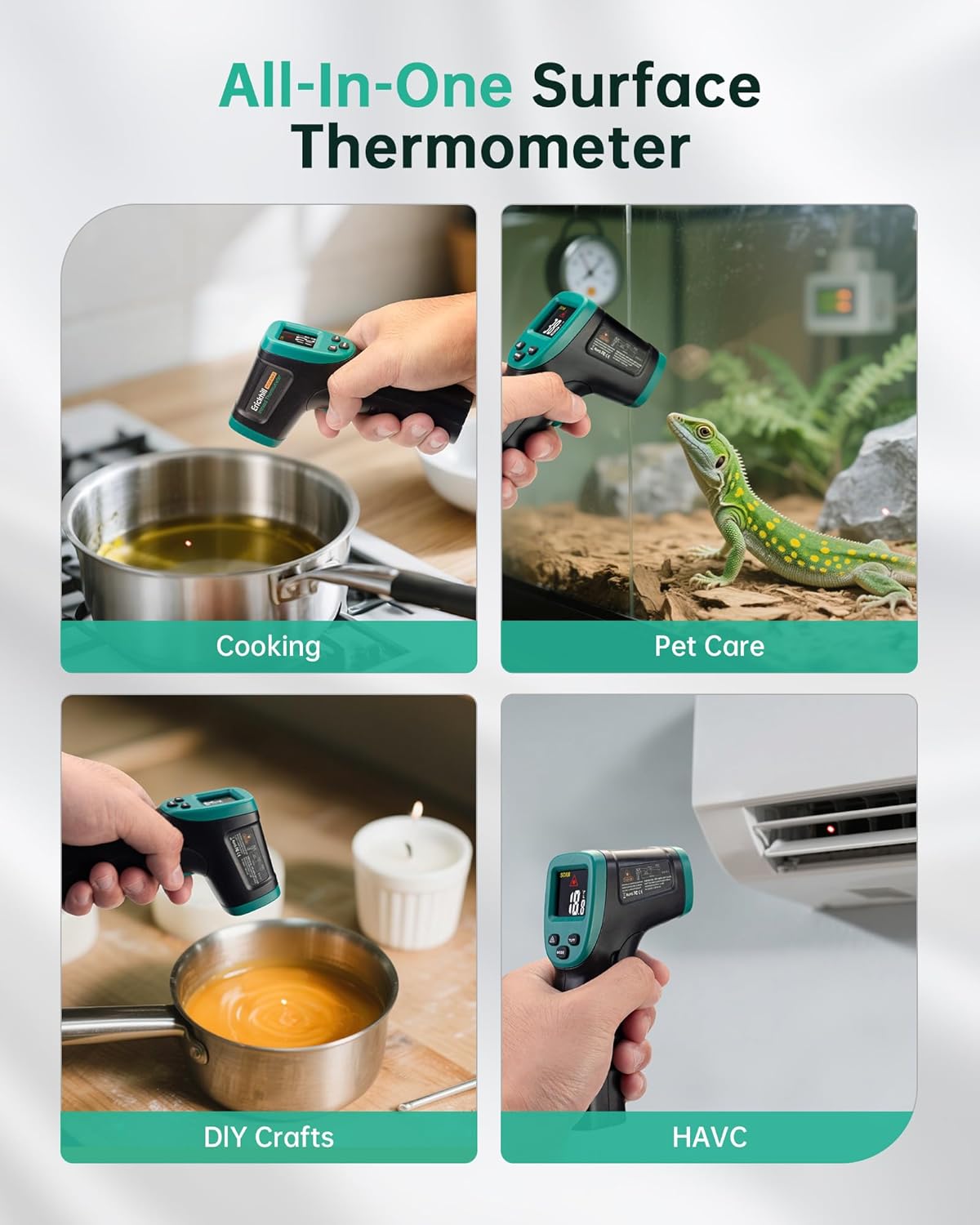 Four panels showing ERICKHILL ROOKMAX thermometer used for cooking, pet care, DIY crafts, and HVAC.