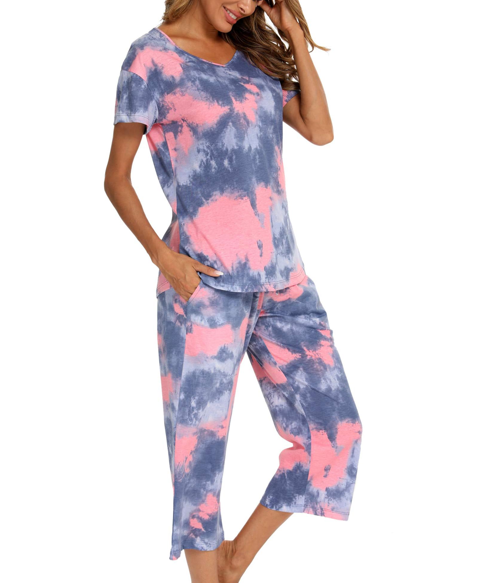 Pyjama Femme Été Coton Manche Courte Ensemble Femme Ete avec T - Shirt à Manches Courtes et Capri 2 Pièces, S-XXXL