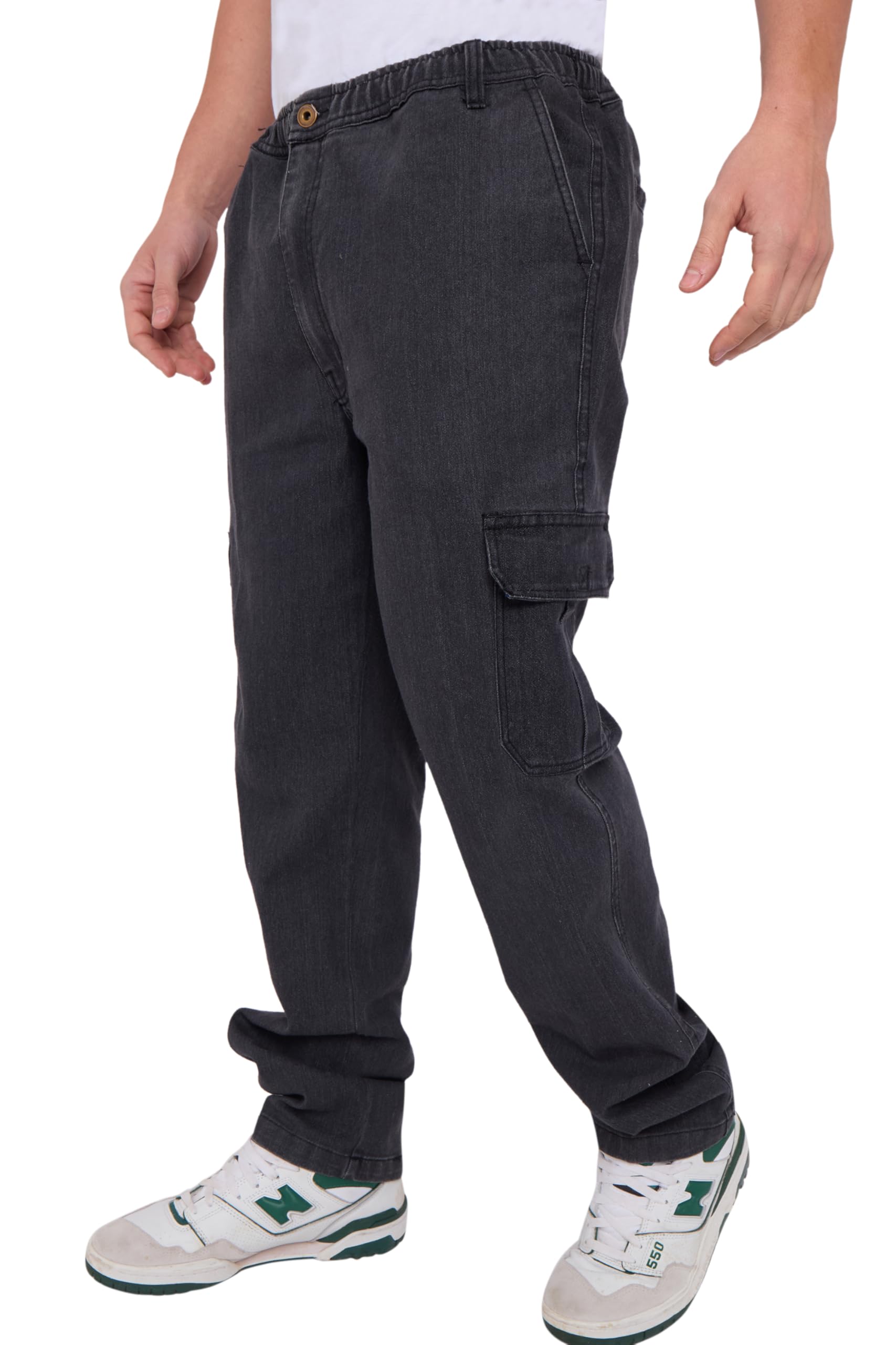 Men’s Utility Denim Cargo Trousers – Elasticated Waist, Cargo & Back Pockets, Straight-Leg Fit – Durable Workwear Style Jeans (Black-5XL)