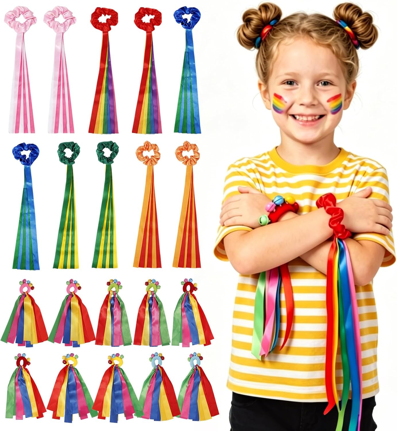 20 Pcs Rainbow Dance Ribbons,Hand Held Rhythm Gymnastics Dance Ribbons with Bell Decorations,Hand Held Streamers for Gymnastics, Dance, Training, Festive Party Decorations