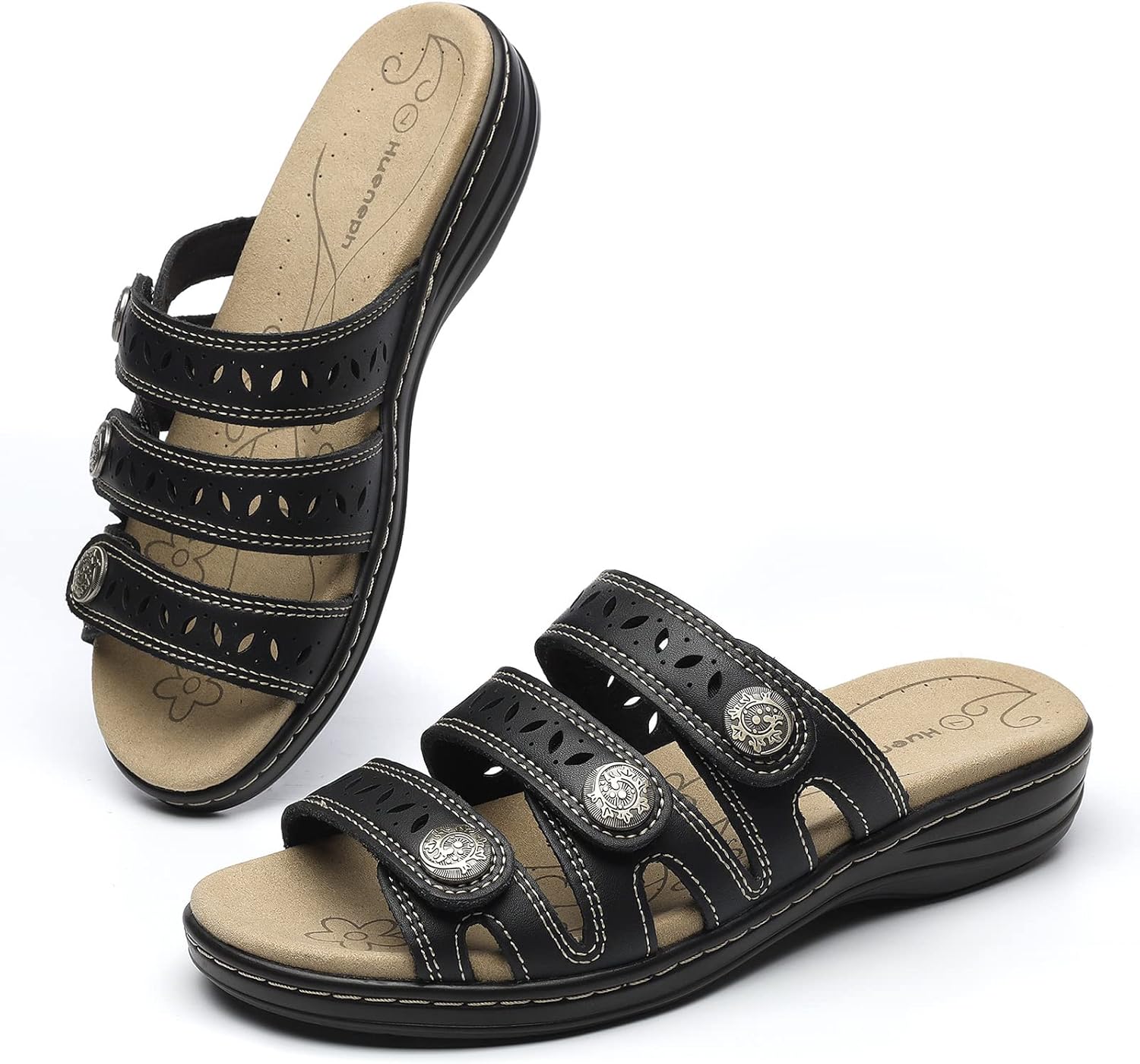 Women's Comfort Leather Slides Lightweight Flat Sandals Cute Slip On Casual Walking Slippers