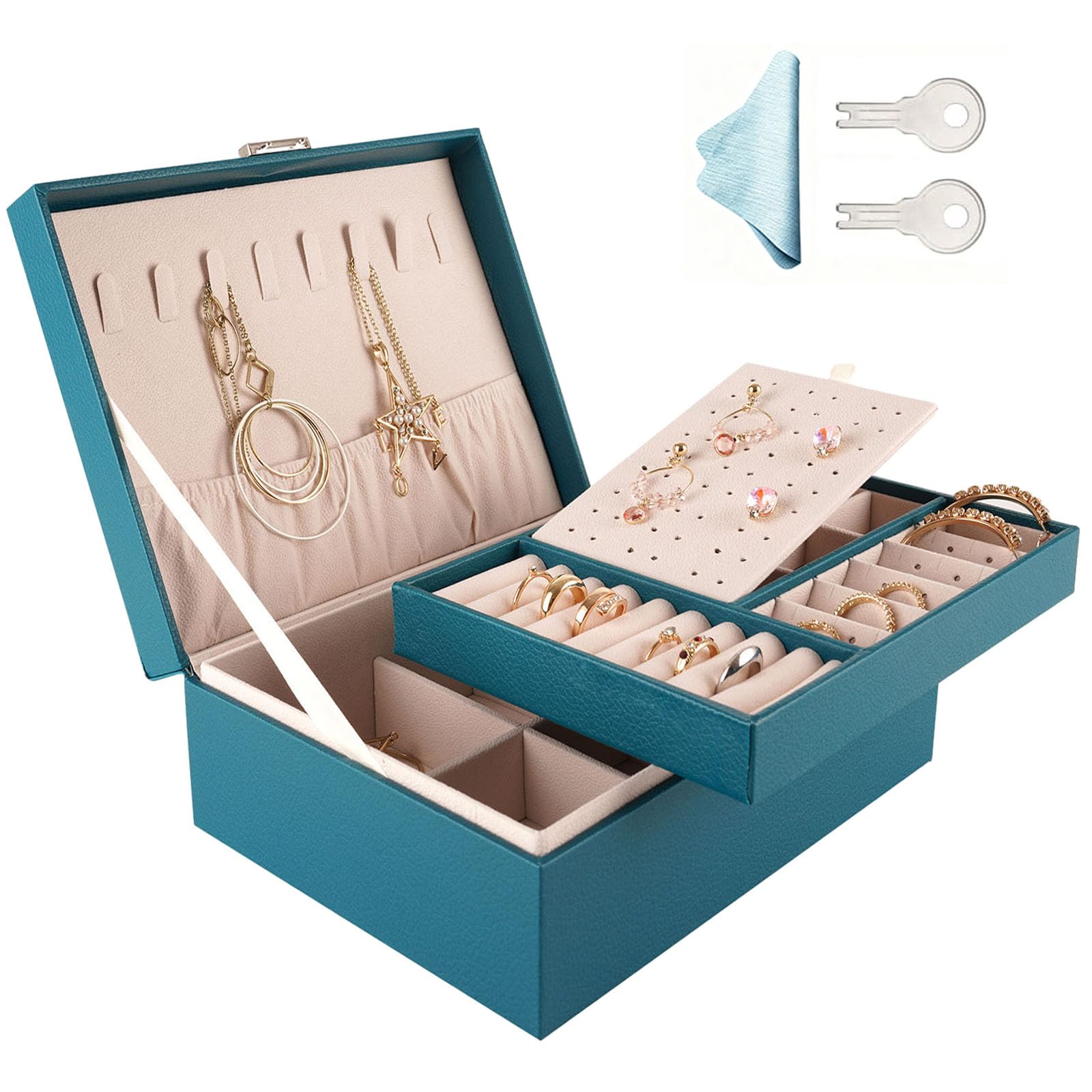 Grand rangement de bijoux en cuir vert pour coiffeuse organisée