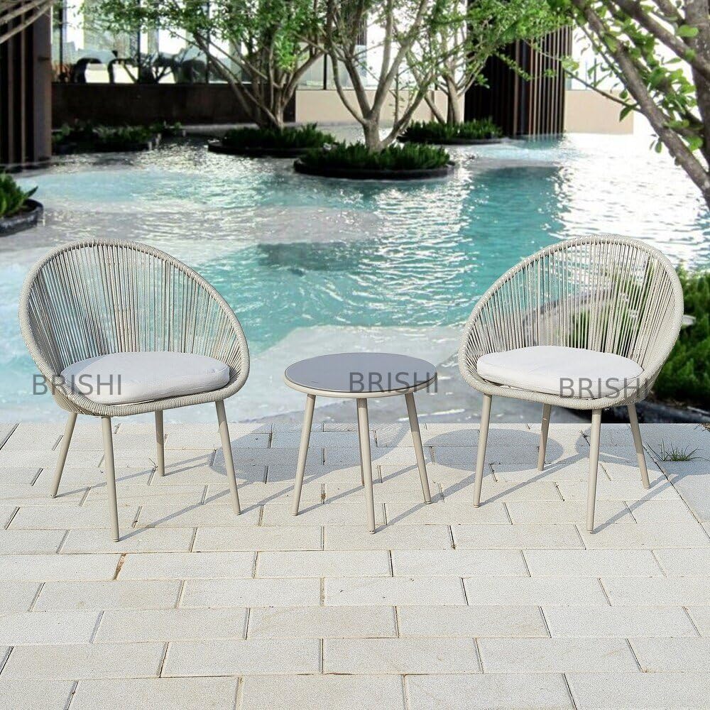 ENTWINE Garden Patio Seating Chair and Table Set Outdoor Balcony Garden Coffee Table Set Furniture with 1 Table and 2 Chairs Set with Cushion (Light Grey.)-image-9