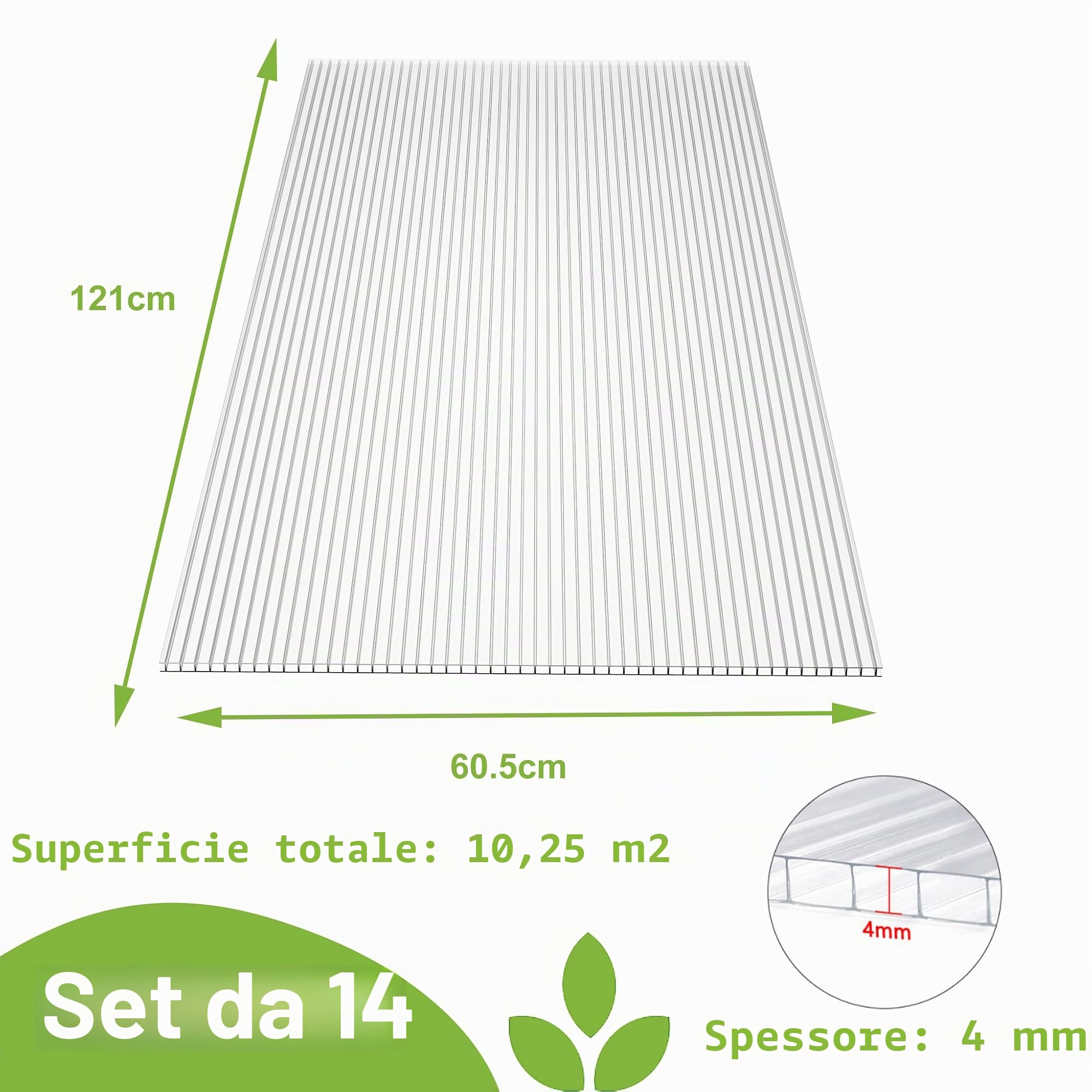 YRHome Piastre alveolari in policarbonato da 14 pezzi, 605 x 1210 x 4 mm, superficie totale 10,25 m², piastra per serra, con 50 staffe e 50 clip a Z