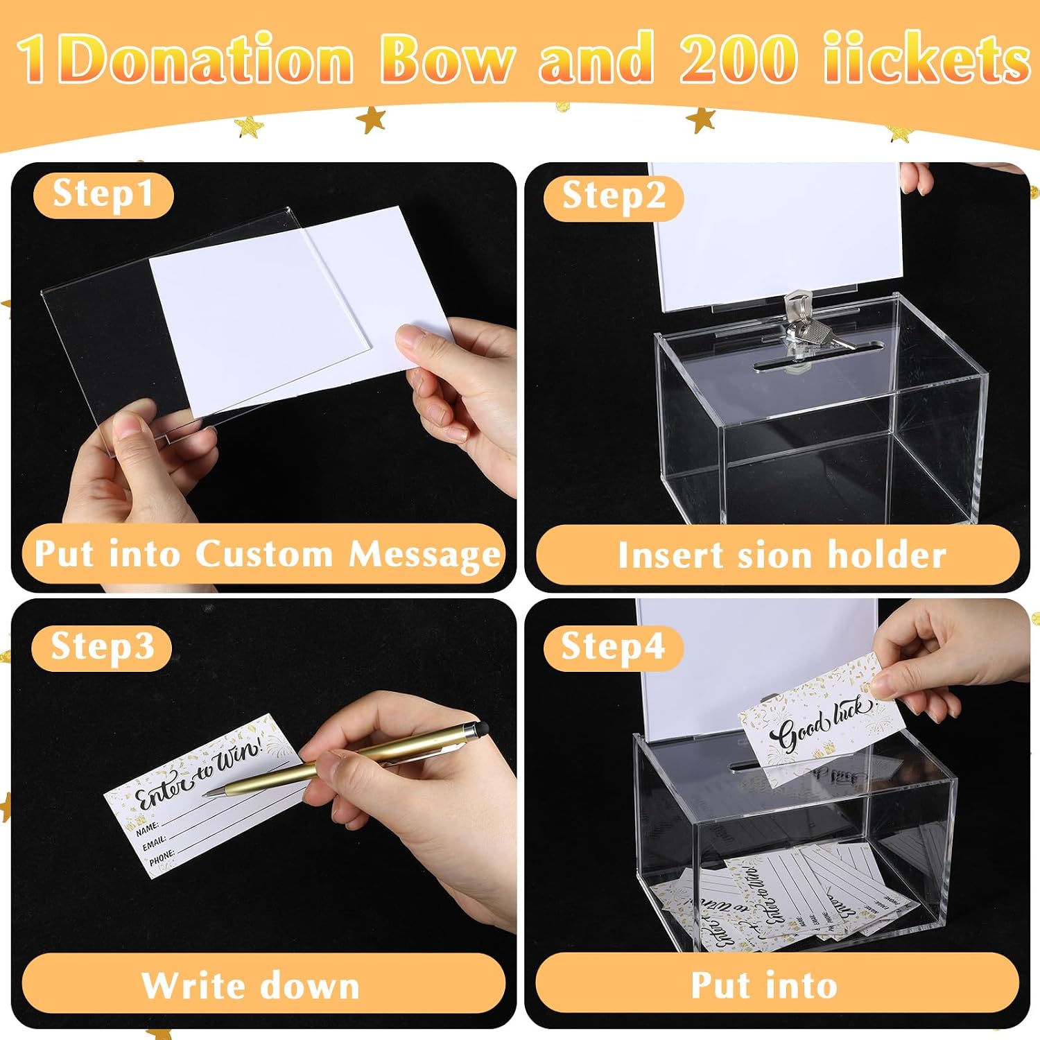 Lemecima 1 Pcs Acrylic Raffle Box with Lock 200 Pcs Raffle Tickets Cards Ticket Box with Sign Holder Suggestion storage with Slot Clear Donation Collection for Vote