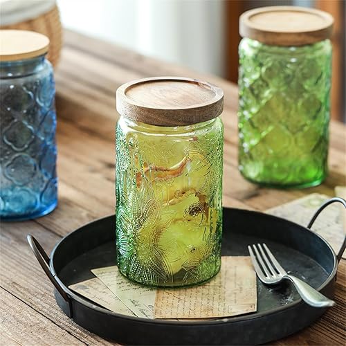 Miniatura 4 de Tarro de almacenamiento de vidrio vintage con tapa de madera maciza, recipiente de cocina con diseño de girasol para café, dulces, detergente para