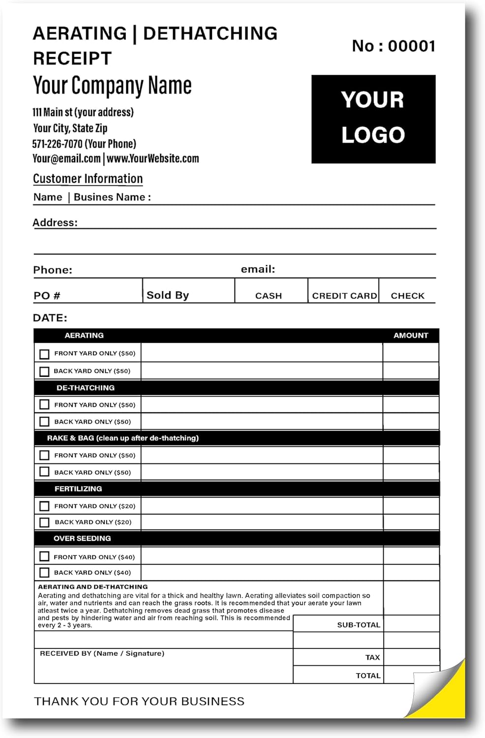Aerating Invoice Form Custom Printed with Your Company Information - Personalized Dethatching Ticket - Invoice Receipt - Carbonless 2 Part NCR Form