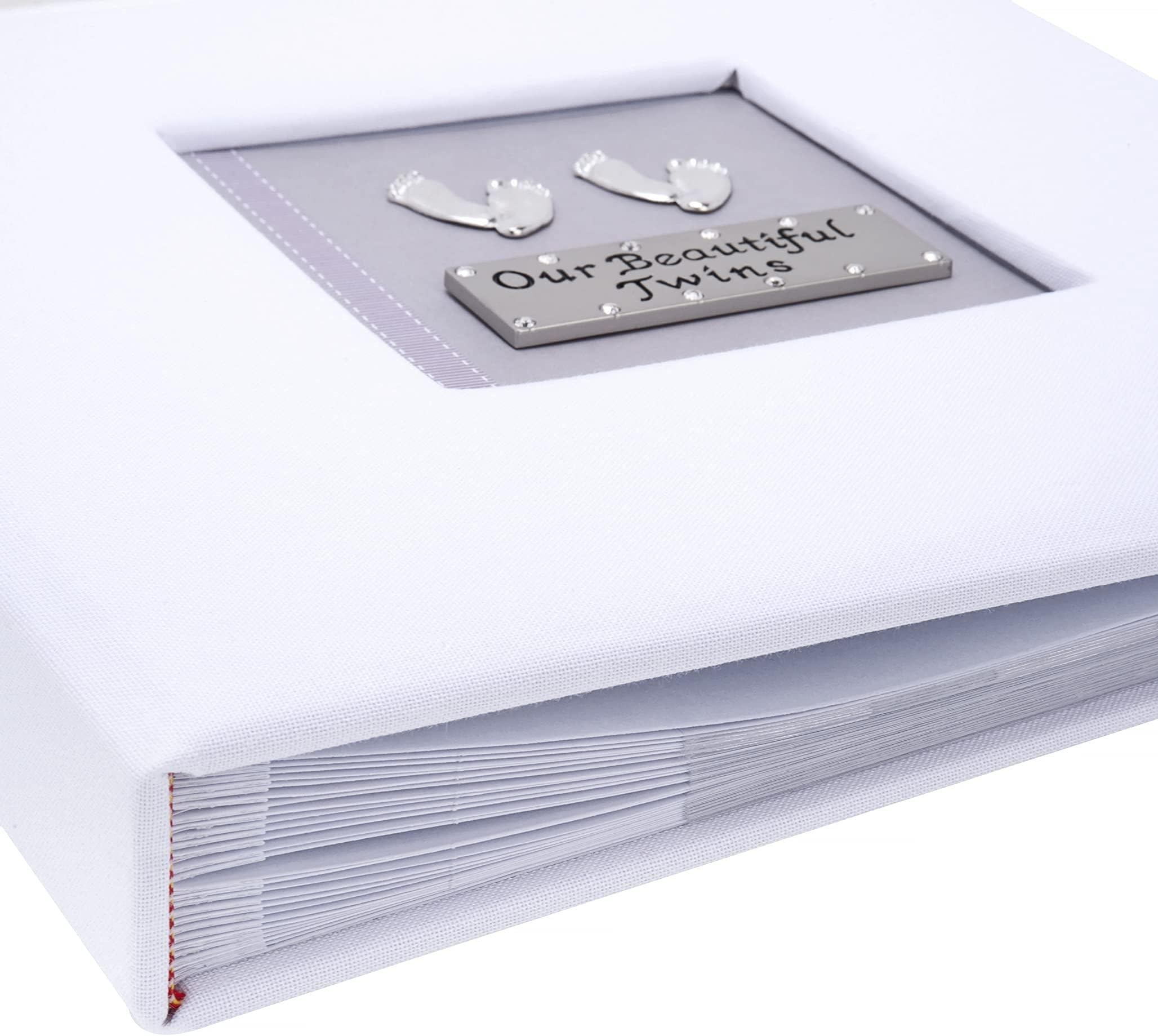 Twins photo album ~ Holds 100 photos 6x4 inch size in clear sleeves. Our Beautiful Twins design with double pewter footprints on a smart grey background..