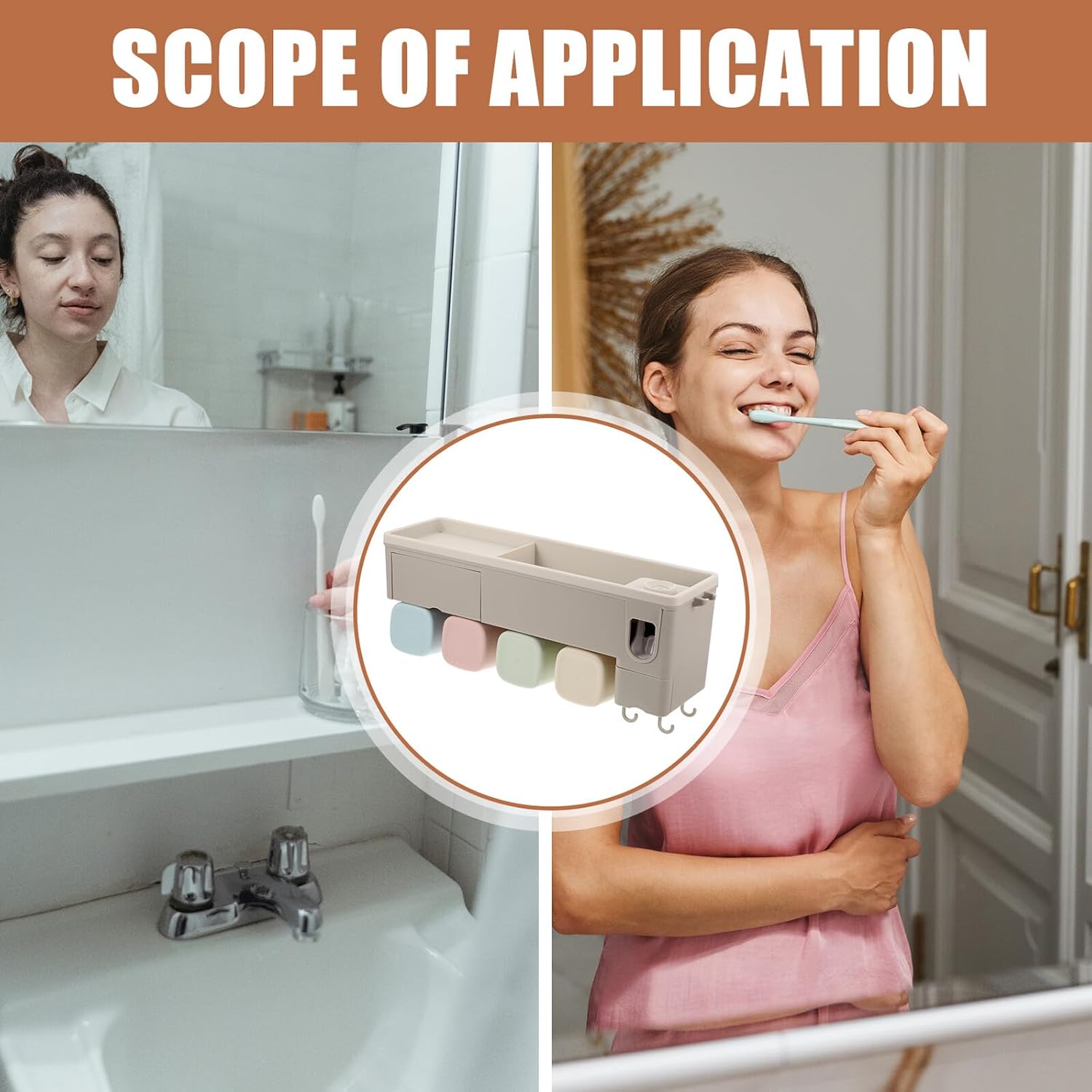ABOOFAN Wall-Mounted Toothbrush Rack with Automatic Toothpaste Dispenser Bathroom Organizer for Razor and Accessories Easy Install Home Storage Accessory Gray for Family Use