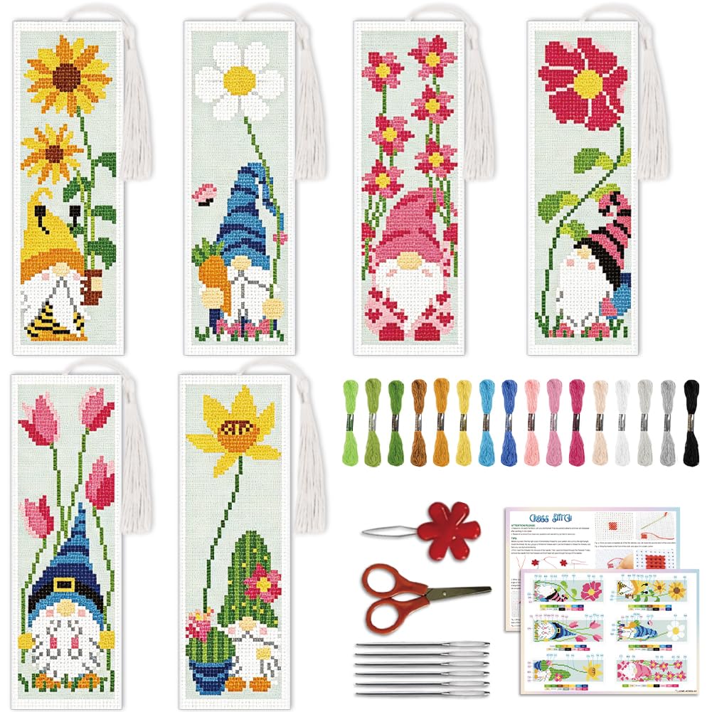 ACRNIGHEET 6PCS Cross Stitch Bookmark Kit for Beginner (Gnome &amp; Floral)