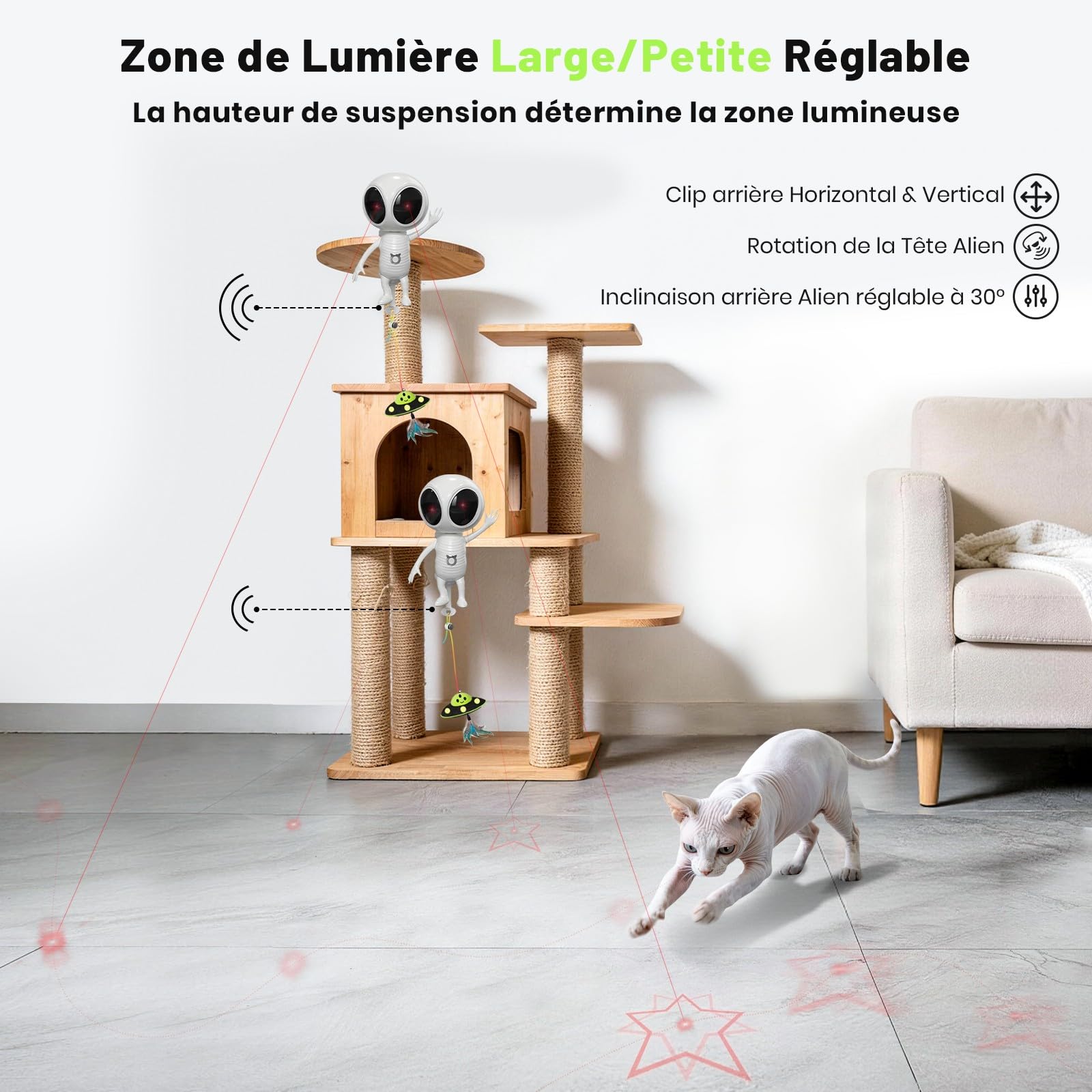 GoldenSun Jouet interactif 2 en 1 automatique avec double projection et pendentif OVNI pour chat d'appartement, activé par le mouvement, rechargeable, 4 modes de jeu, fixation par pince, blanc