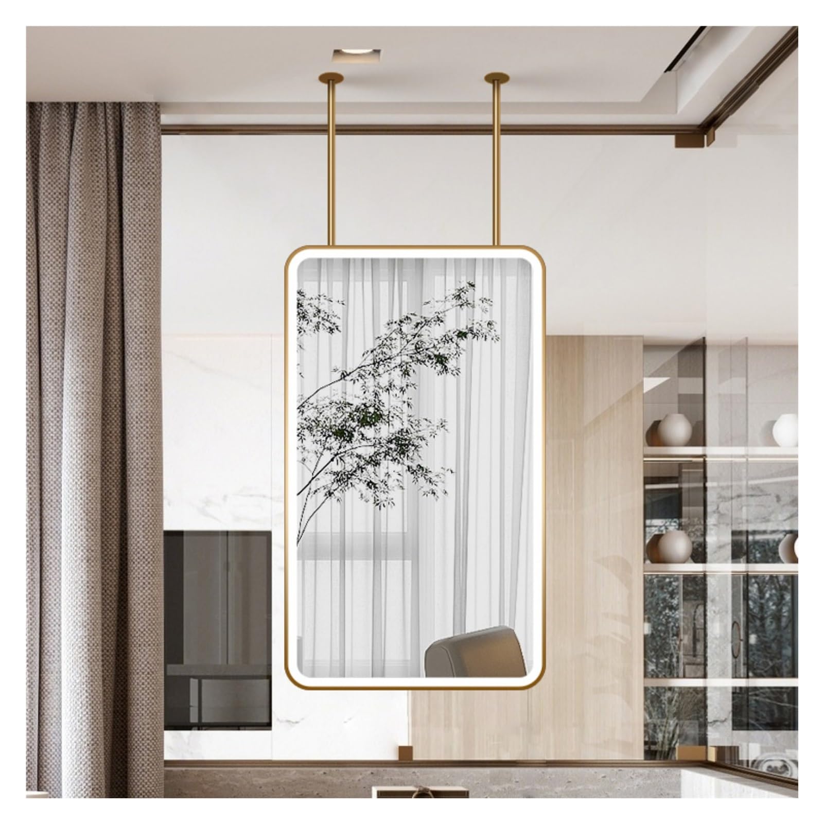 Miroir suspendu au plafond or rectangulaire 50x70 avec éclairage intégré
