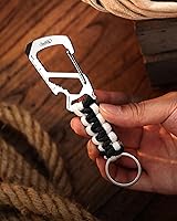 Vista 5 de KeyUnity KC00 Llavero de mosquetón de paracord, cordón de paracaídas 550 Multiherramienta para exteriores, mochilas, hombres y mujeres Negro Blanco