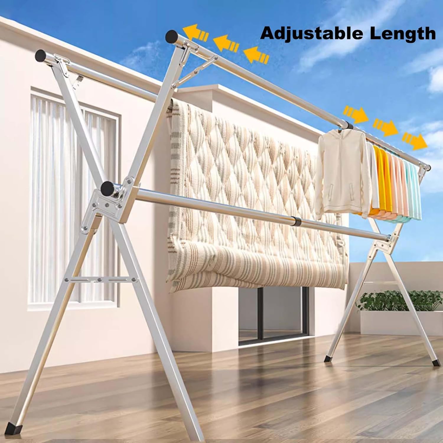 Heavy-Duty Stainless Steel Adjustable Clothes Drying Rack with 20 Windproof Hooks – Foldable Garment Airer for Indoor/Outdoor Use, Space-Saving Laundry Solution for BALC