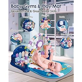 dearlomum Baby Play Mat Gym, Funny Play Piano Tummy Time Activity Mat with 5 Infant Sensory Toys, Music and Lights, Boy & Girl Gifts for Newborns 0 to 3 6 9 12 Months (Blue)