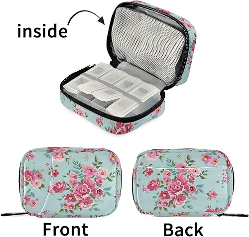 Miniatura 7 de Naanle Pastillero de flores de rosas de acuarela para 7 días, bolsa organizadora de píldoras de viaje con cremallera, funda semanal portátil floral,